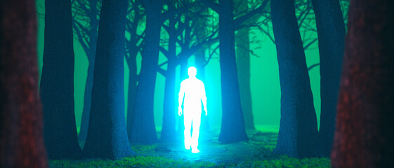 a mysteriously glowing figure in the forest at night(3d rendering)