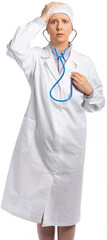 female doctor in a white coat and hat. a medic, a nurse, put her hand on her head and listens to the heart or breath with a fanndoscope to herself. isolated, white background