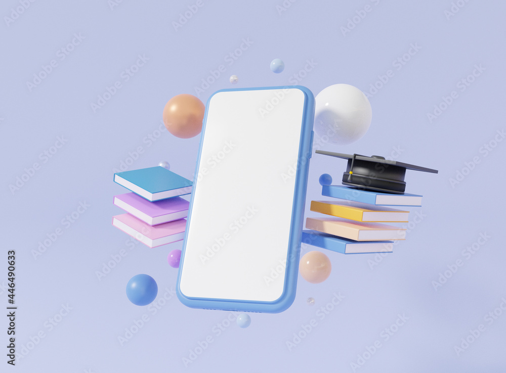 Poster minimal cartoon graduation cap and book search bar a smartphone with touch white screen learning onl