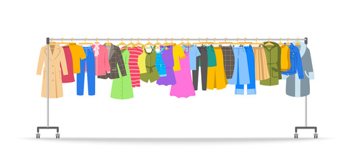 Women clothes on long rolling hanger rack. Many different garments hanging on store hanger stand with wheels. Flat cartoon vector illustration. Graphic element for sale banner. Isolated on white