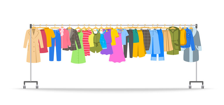 Women clothes on long rolling hanger rack. Many different garments hanging on store hanger stand with wheels. Flat cartoon vector illustration. Graphic element for sale banner. Isolated on white