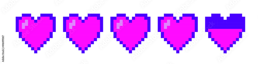 Poster row of pixel hearts representing health or life in the arcade retro games. retrowave style vector il