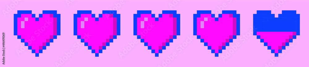 Poster row of pixel hearts representing health or life in the arcade retro games. retrowave style vector il