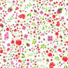 Seamless pattern of juicy red berries green leaves of blooming flowers buds drawing with colored pencils on a white background