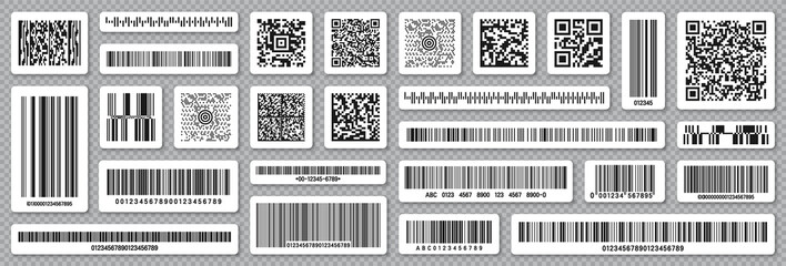Set of product barcodes and QR codes. Identification tracking code. Serial number, product ID with digital information. Store or supermarket scan labels, price tag. Vector illustration.
