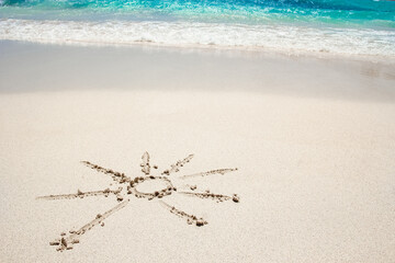 beautiful drawing on the sand near the sea shore background