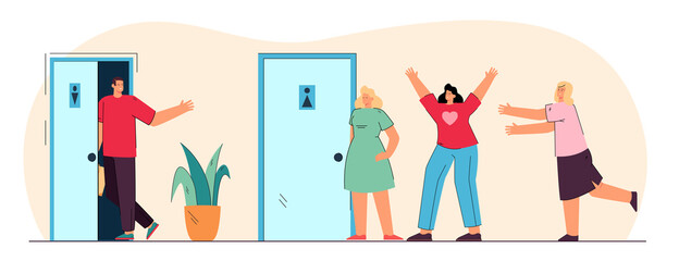 Comparison of queues for women and men in public toilets. Flat vector illustration. Man walking into empty men room while queue waiting for women toilet. Waiting, queue, time, hygiene, need concept