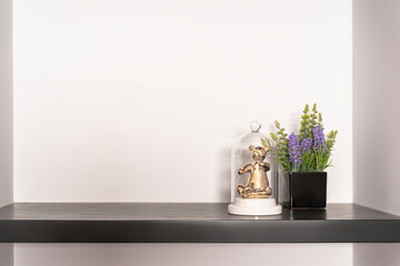 Golden bear in glass dome whit lavender planter, modern decoration, home living room shelf, accent