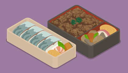 鯖寿司と牛肉弁当のベクターイラスト素材