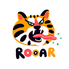 Cute and angry tiger head vector illustration. Roar. Cartoon Hand drawn cute Tiger print for posters, cards, t-shirts.
