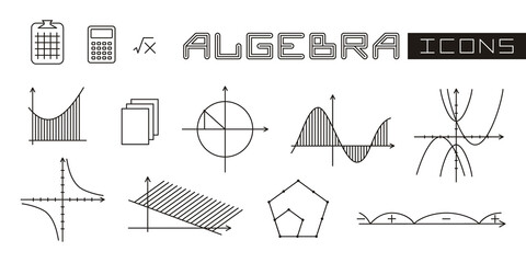 A set of linear isolated elements for algebra. Algebraic graphs of mathematical functions. Vector illustration for school textbooks, educational projects, maths banners and posters. - obrazy, fototapety, plakaty