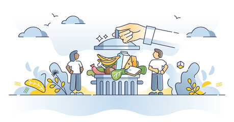 Food waste problem and garbage with composting meal leftovers outline concept. Throw away products and consumerism lifestyle reduction with responsible rubbish management attitude vector illustration.