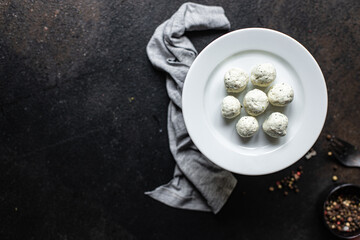 meatballs chicken meat organic diet menu in plate on the table, healthy snack copy space food background rustic keto or paleo diet