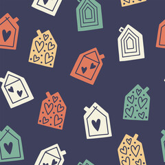 Trendy seamless pattern with original cute cartoon houses in a modern retro style. Vector illustration isolated on dark background. Perfect for fabric print, invitation, design