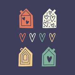 Trendy set with original cute cartoon houses with hearts in a modern retro style. Vector illustration isolated on dark background. Perfect for fabric print, invitation, design