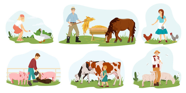 A set of farmers, people who take care of pets. Vector flat illustration. Collection of characters, girls, guys, children, working in the countryside. Rural lifestyle concept.