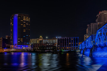 View of the Grand Rapids skyline from the river at night - Michigan - USA