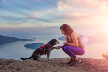 Adventurous Caucasian Adult Woman hiking on top of a mountain with a dog. Colorful Sunset Sky....