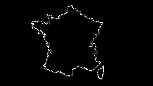 Self drawing animation of map of France with regions and text France. White background.