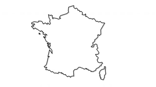 Self drawing animation of map of France with regions and text France. White background.