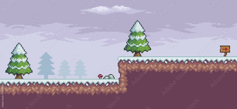 Poster pixel art game scene in snow with pine trees, clouds, indicative board 8bit background