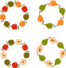 Vector colorful frames of apples and pears. Set of fruits. 