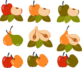 Vector colorful compositions of apples and pears. Set of fruits. 