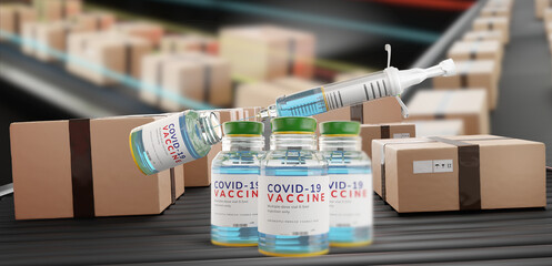 logistic and syringe and Coronavirus vaccine dose, transparent glass bottle with the vaccine against Covid-19 as 3d-illustration