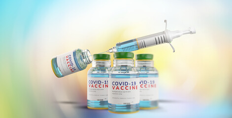 syringe and Coronavirus vaccine dose, transparent glass bottle with the vaccine against Covid-19 as 3d-illustration