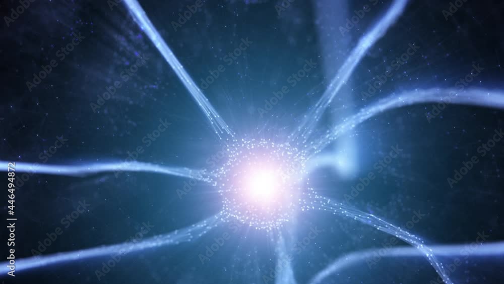 Poster artistic blue colored shining neuron cell in the brain on dark motion network background. selective 