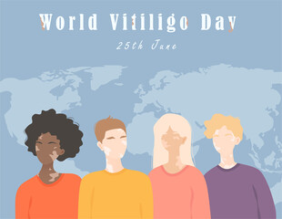 Vector Illustration of people with vitiligo, men and women of different nations with vitiligo. Poster for World vitiligo day, 25 June.