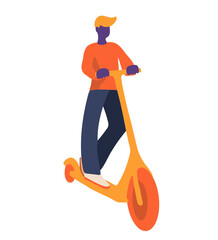 Man riding kick scooter. Accent on perspective. Flat vector illustration in simple abstract style for poster, flyer or sticker