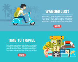 Summer wanderlust concept design flat banners set with scooter travel. Time to travel. Travel icon. Safe journey. Vector illustration