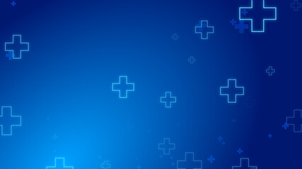 Medical health blue cross neon light shapes pattern healthcare technology background.