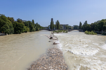 Flooding at river isar in Munich at the bridge called Corneliusbruecke with the 