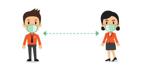 Vector cartoon business people wearing medical masks stand apart from each other for design.