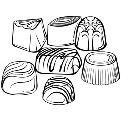 Chocolate candies assorted. Hand drawn vector illustration in sketch style isolated on white. For design stickers, menu, candy shop.