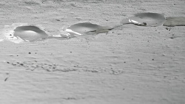 Drops of water fall from the plastered ceiling. Leak between floors of a house in need of repair. Flies and midges fly near the water.