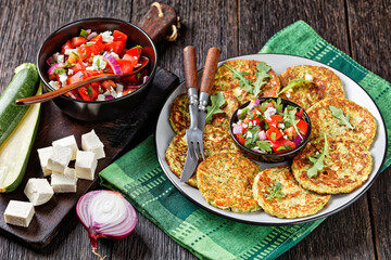 Zucchini Fritters with Dill and tomato salad