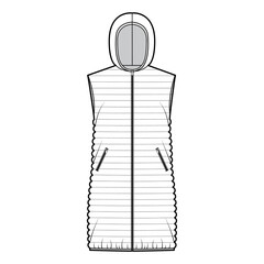 Down vest puffer waistcoat technical fashion illustration with hoody collar, pockets, loose fit, thigh length, narrow quilting. Flat template front, white color style. Women, men unisex top CAD mockup
