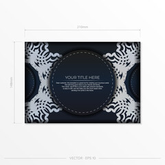 Dark blue postcard template with white abstract ornament. Elegant and classic vector elements ready for print and typography.