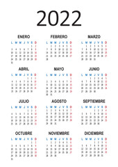 Spanish calendar 2022 year. Week starts from Monday. Vector illustration