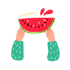 Woman hands holding slice of watermelon. Flat illustration.