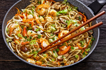 Prawn Yaki Udon with vegetables, top view