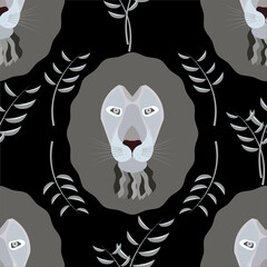 Seamless pattern with the head of a lion. Pattern for printing on material, advertising brochures.