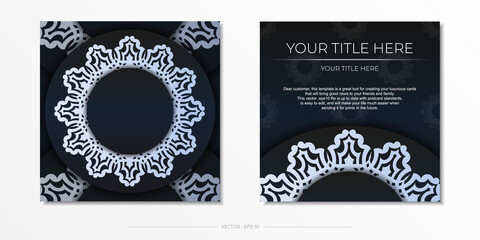 Dark blue postcard template with white Indian mandala ornament. Elegant and classic vector elements ready for print and typography.