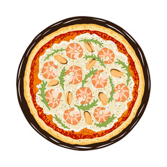 Vector Seafood pizza. Tasty Italian pizza topped with tomato sauce, mozzarella cheese, prawns, mussels and arugula. Hand drawn vector illustration of food.