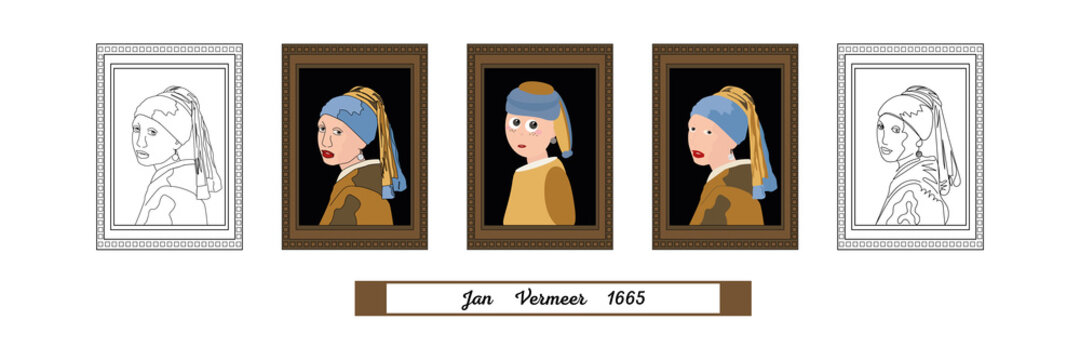 Portrait art collection. Girl with a pearl earring. Painting by the artist Vermeer. Vintage picture for decoration design. Vector flat style cartoon illustration.