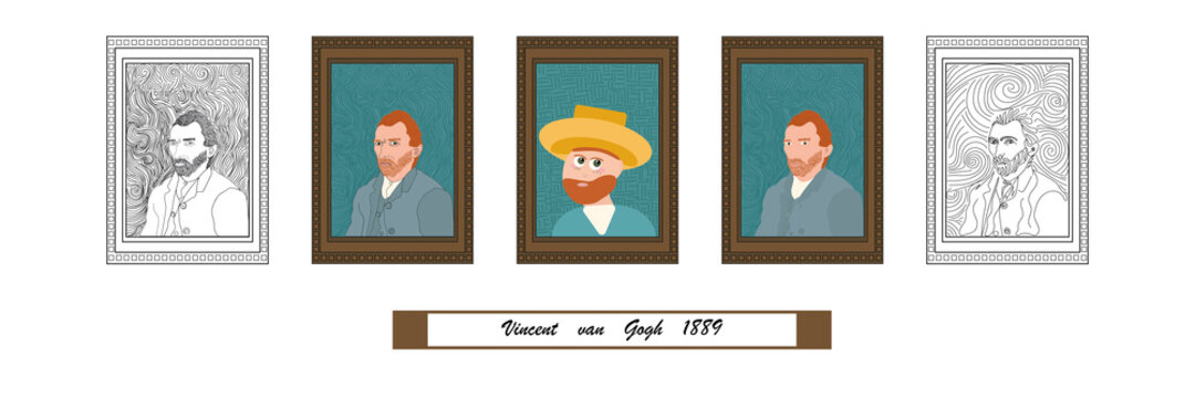 Vincent van gogh vector illustration. Artistic portrait. Picture collection. Cartoon style. Line drawing art. Coloring template. Blue background.