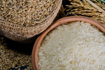 Rice Seeds in a Sack and Basmati Rice  in a bowl